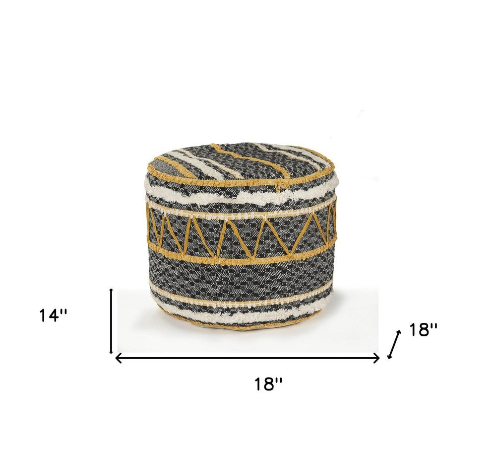18" Black Cotton Striped Cylinder Pouf Ottoman HomeRoots