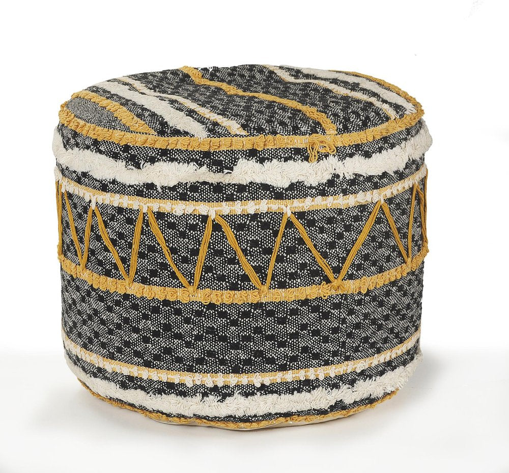 18" Black Cotton Striped Cylinder Pouf Ottoman HomeRoots