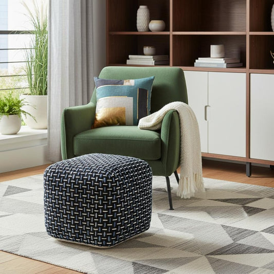 16" Black Upholstery Geometric Pouf Ottoman HomeRoots