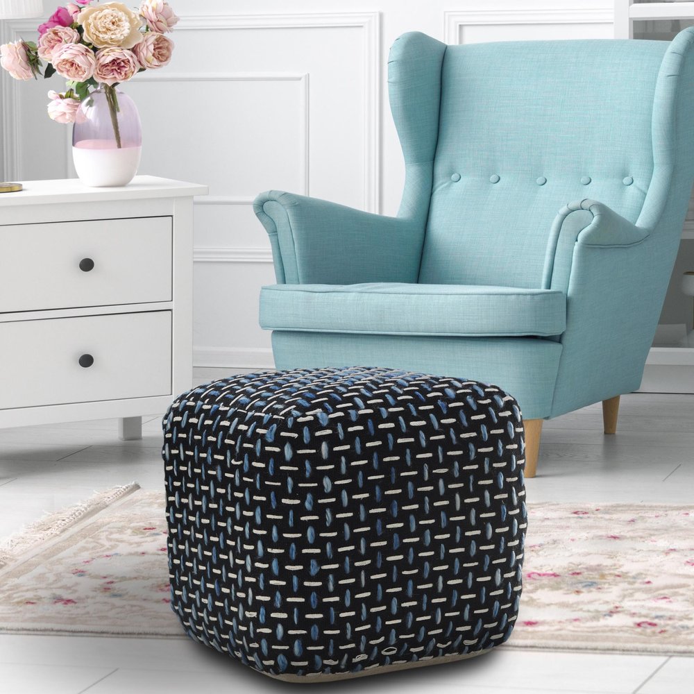 16" Black Upholstery Geometric Pouf Ottoman HomeRoots