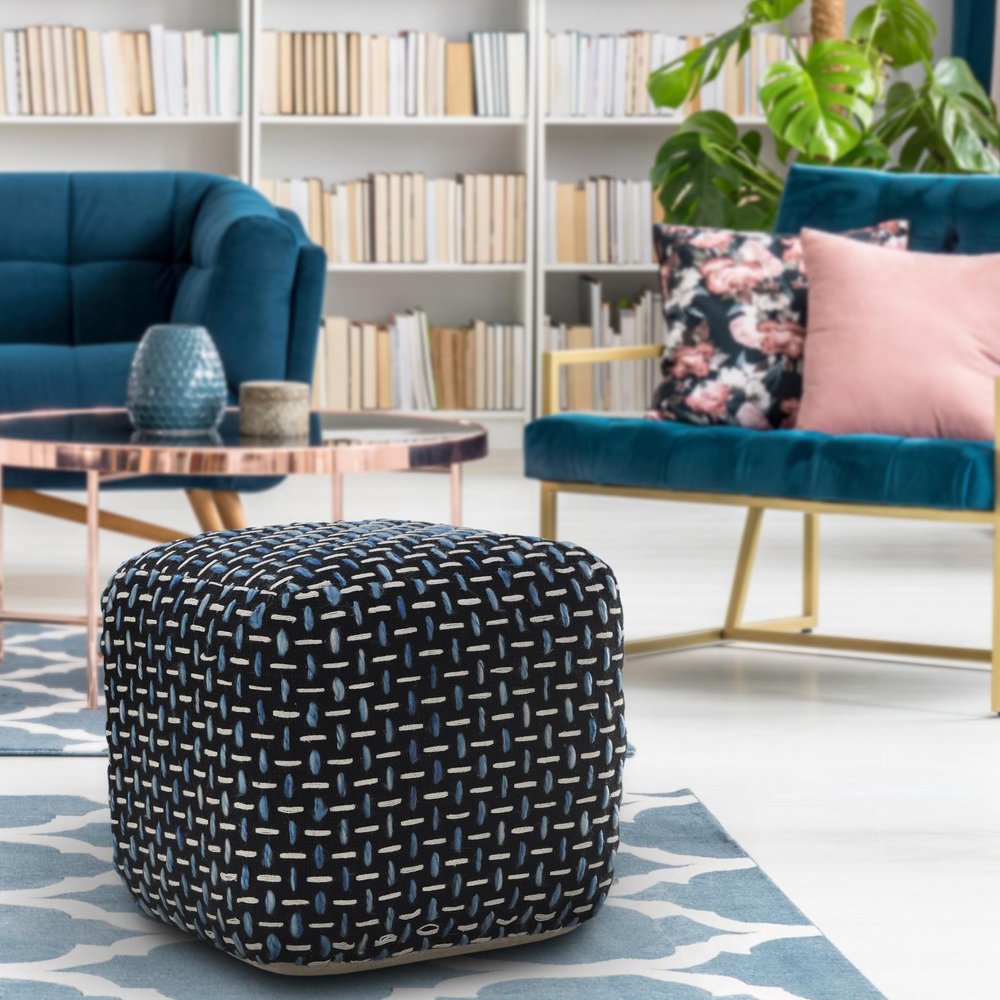 16" Black Upholstery Geometric Pouf Ottoman HomeRoots