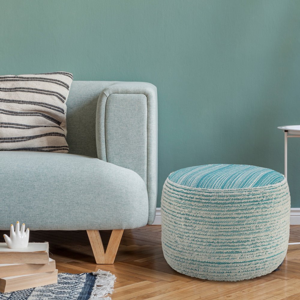 18" Blue Fabric Cylinder Striped Pouf Ottoman HomeRoots
