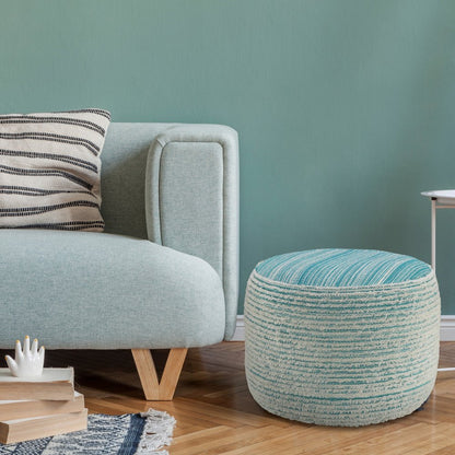 18" Blue Fabric Cylinder Striped Pouf Ottoman HomeRoots