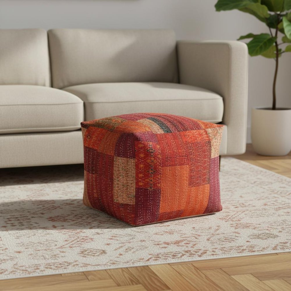 24" Red Patchwork Pouf Ottoman HomeRoots