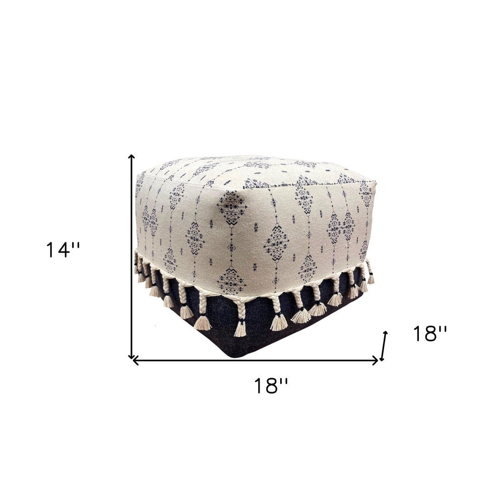 18" Natural And Navy Blue Cotton Medallion Pouf Ottoman HomeRoots