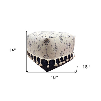 18" Natural And Navy Blue Cotton Medallion Pouf Ottoman HomeRoots