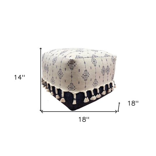 18" Natural And Navy Blue Cotton Medallion Pouf Ottoman HomeRoots