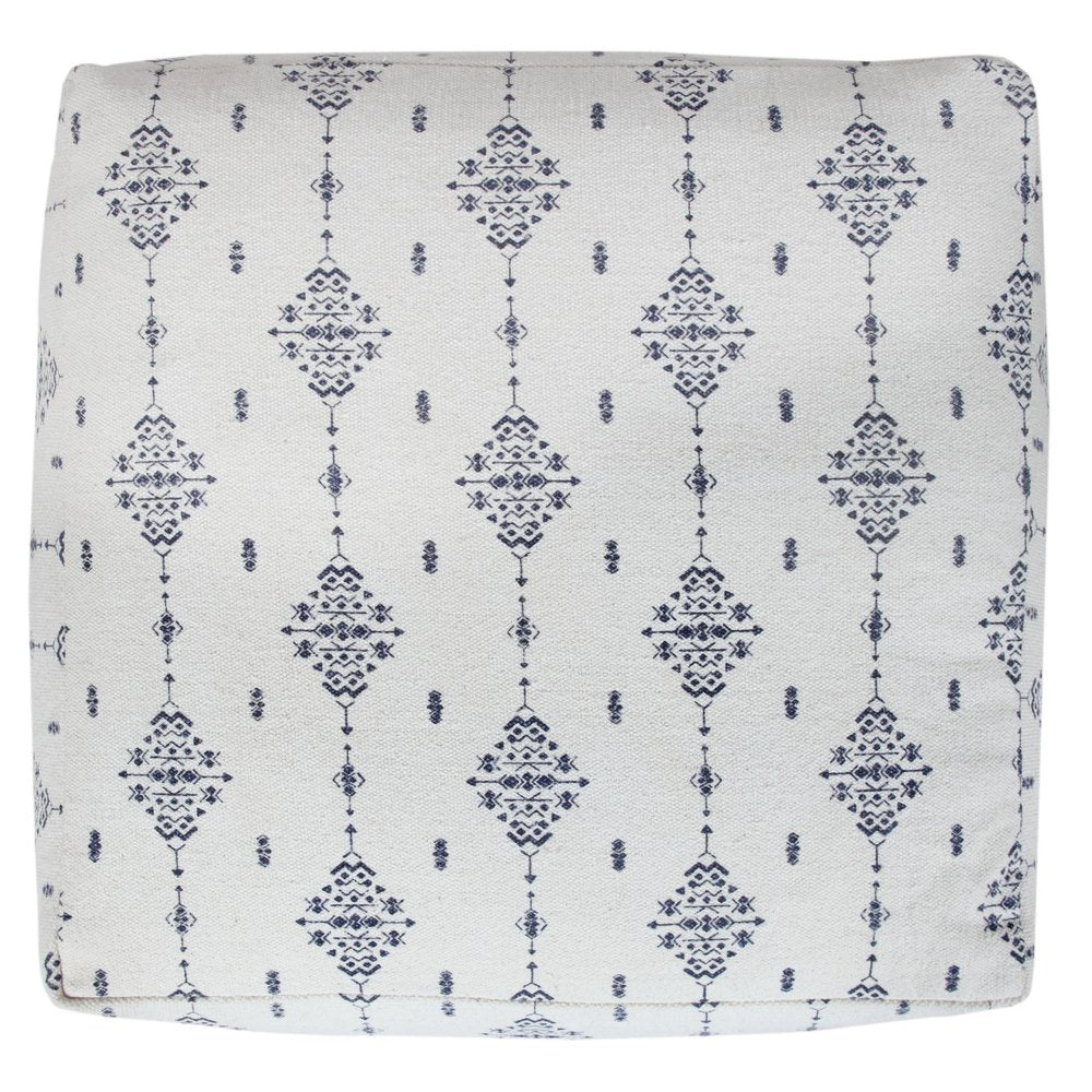 18" Natural And Navy Blue Cotton Medallion Pouf Ottoman HomeRoots
