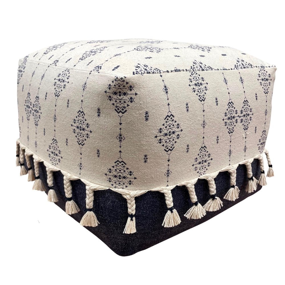 18" Natural And Navy Blue Cotton Medallion Pouf Ottoman HomeRoots