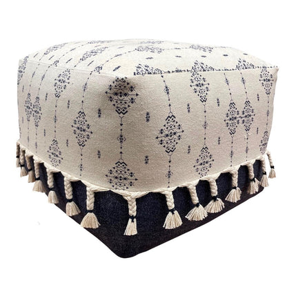 18" Natural And Navy Blue Cotton Medallion Pouf Ottoman HomeRoots