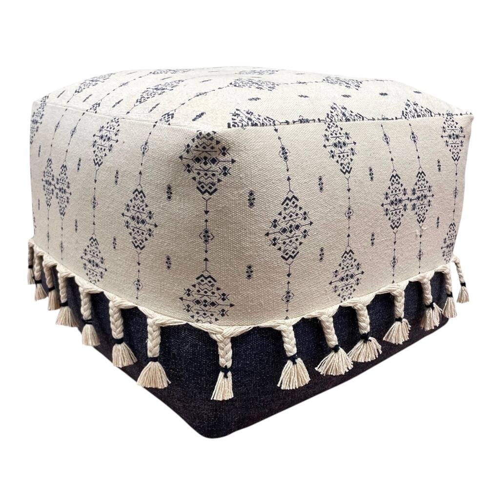 18" Natural And Navy Blue Cotton Medallion Pouf Ottoman HomeRoots