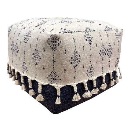 18" Natural And Navy Blue Cotton Medallion Pouf Ottoman HomeRoots