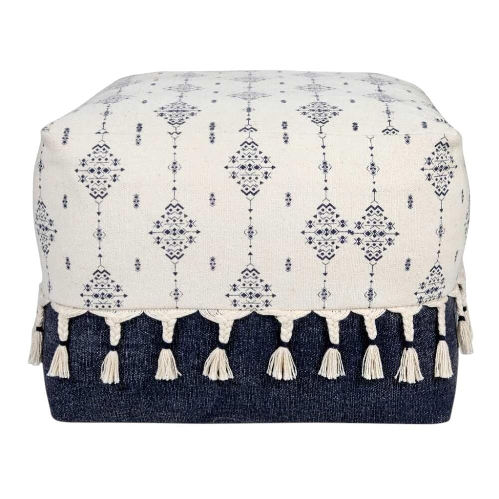 18" Natural And Navy Blue Cotton Medallion Pouf Ottoman HomeRoots