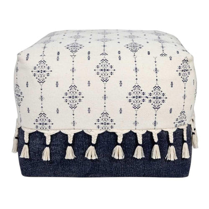 18" Natural And Navy Blue Cotton Medallion Pouf Ottoman HomeRoots