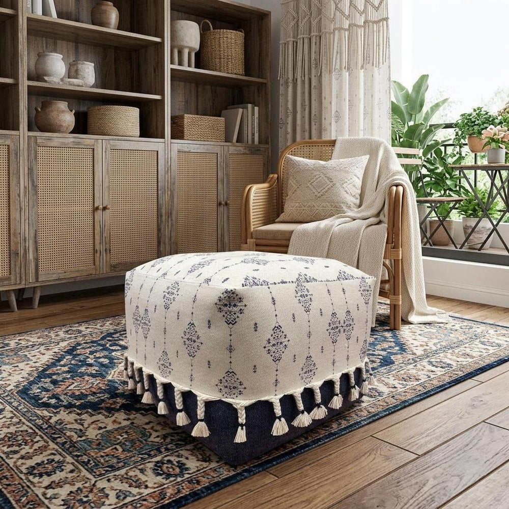 18" Natural And Navy Blue Cotton Medallion Pouf Ottoman HomeRoots