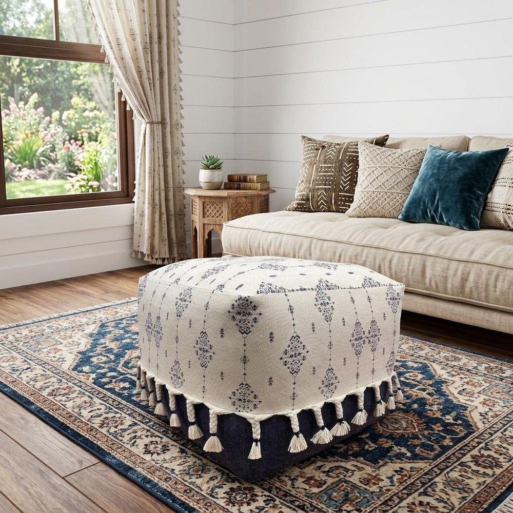 18" Natural And Navy Blue Cotton Medallion Pouf Ottoman HomeRoots