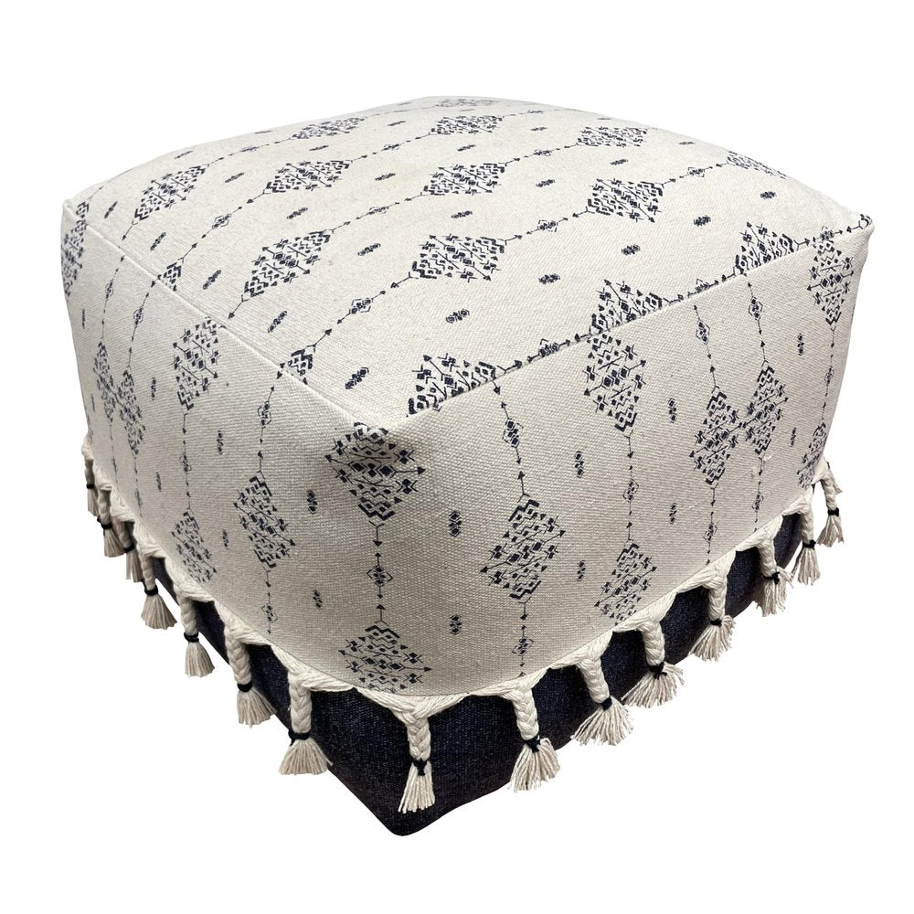 18" Natural And Navy Blue Cotton Medallion Pouf Ottoman HomeRoots