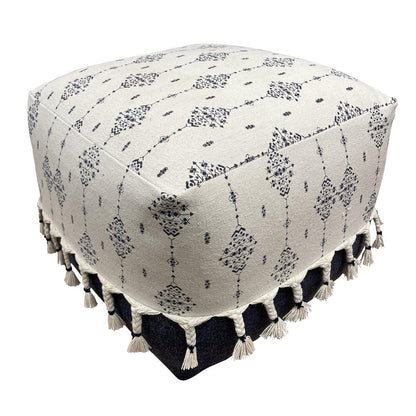 18" Natural And Navy Blue Cotton Medallion Pouf Ottoman HomeRoots