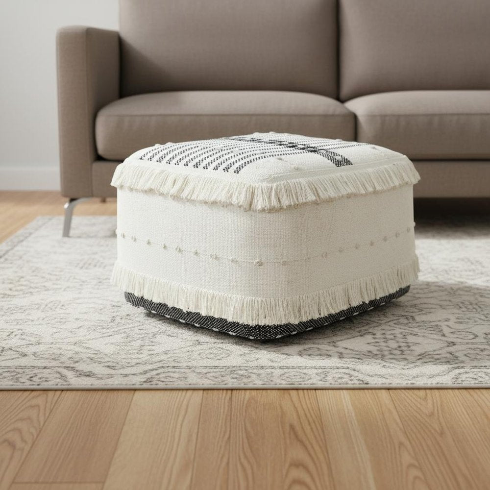 18" White Cotton Striped Pouf Ottoman HomeRoots