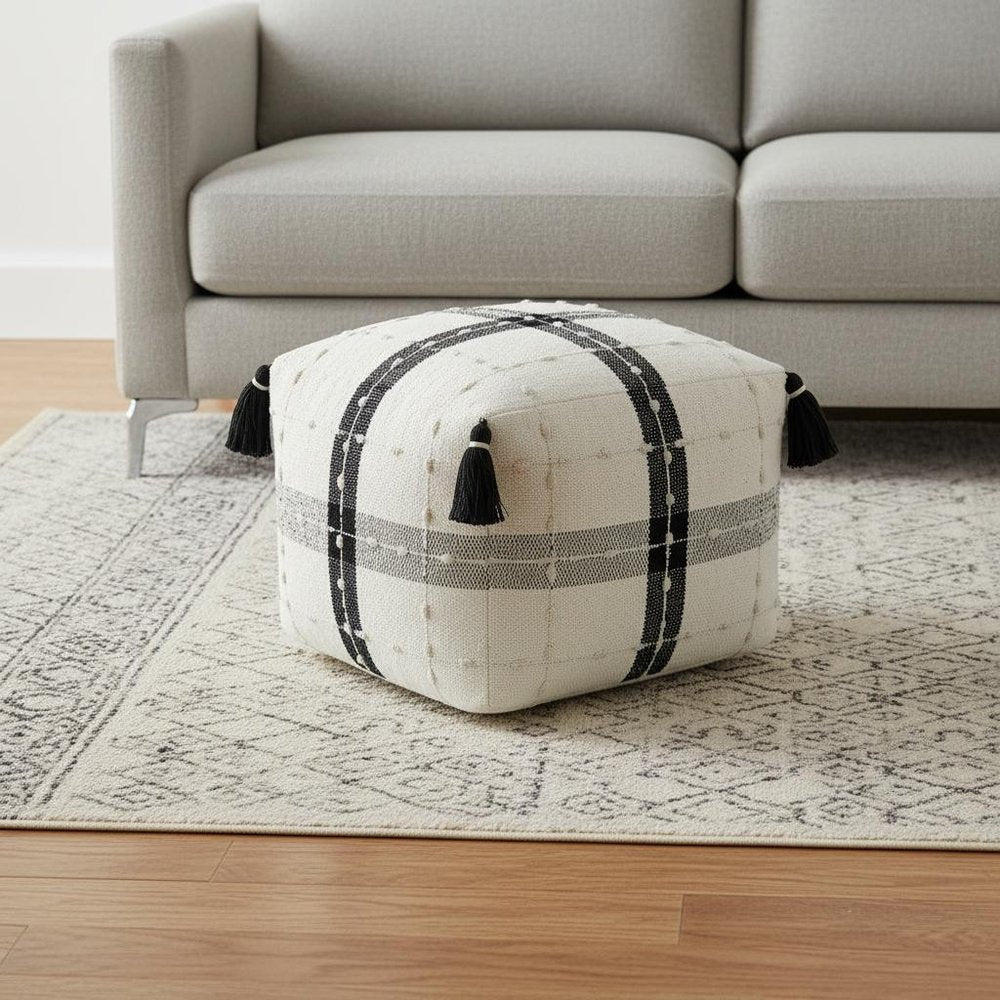 18" Black Cotton Striped Pouf Ottoman HomeRoots