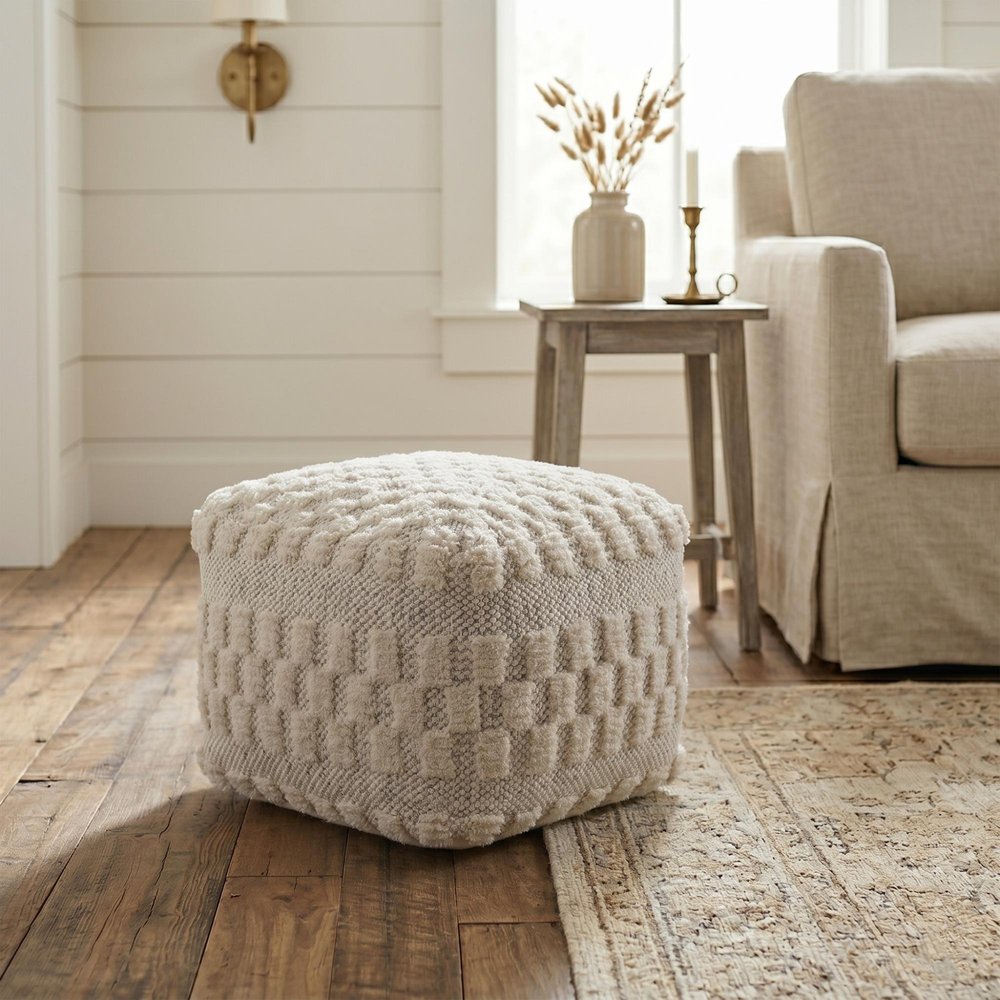 18" Beige Geometric Pouf Ottoman HomeRoots
