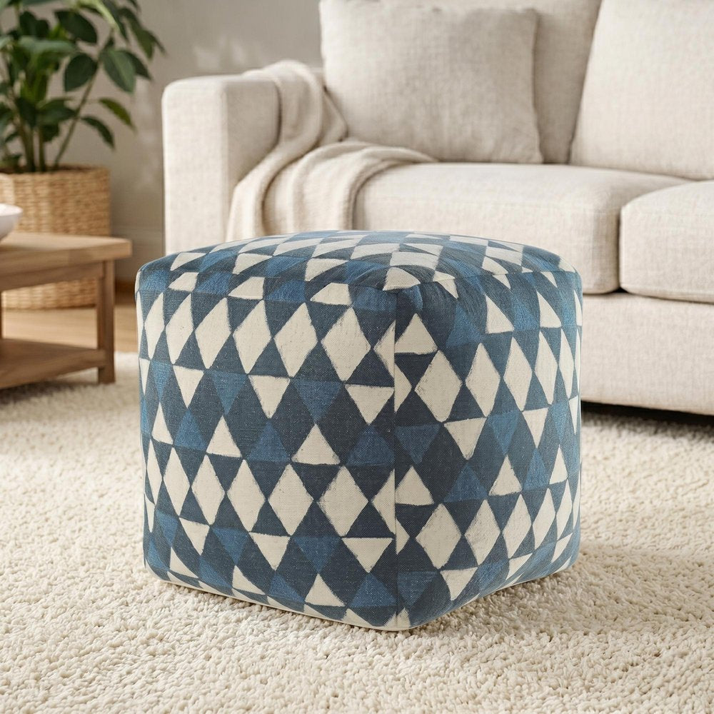 20" Blue Cotton Geometric Pouf Ottoman HomeRoots