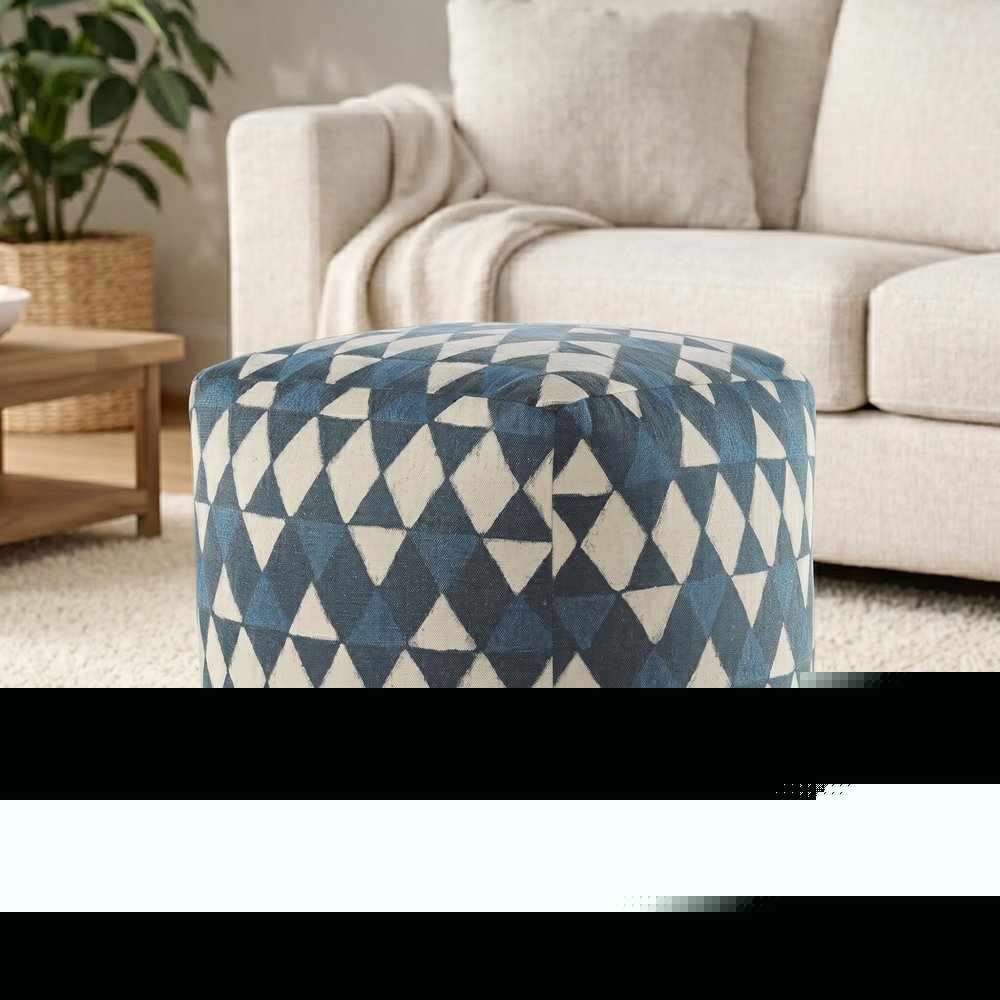 20" Blue Cotton Geometric Pouf Ottoman HomeRoots