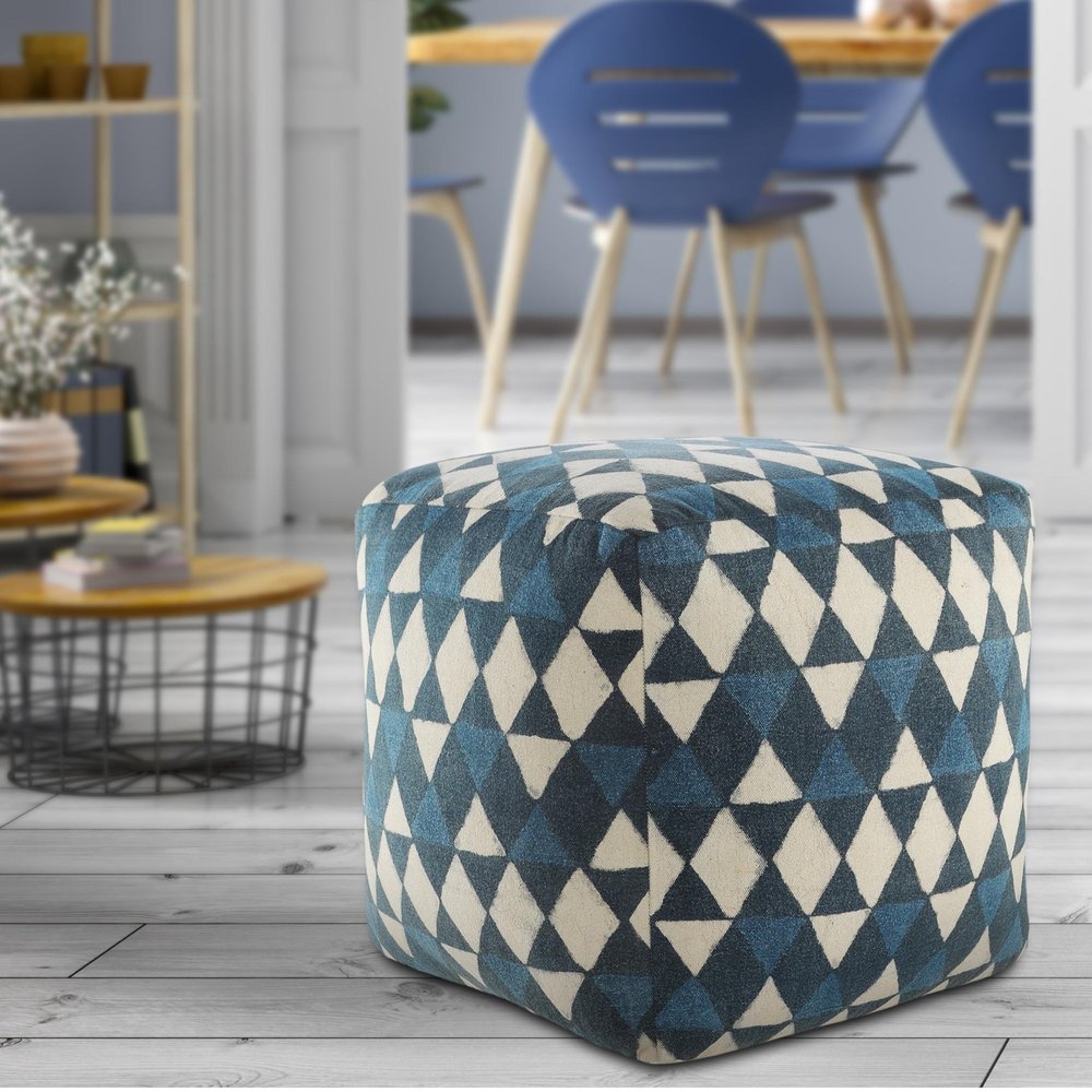 20" Blue Cotton Geometric Pouf Ottoman HomeRoots