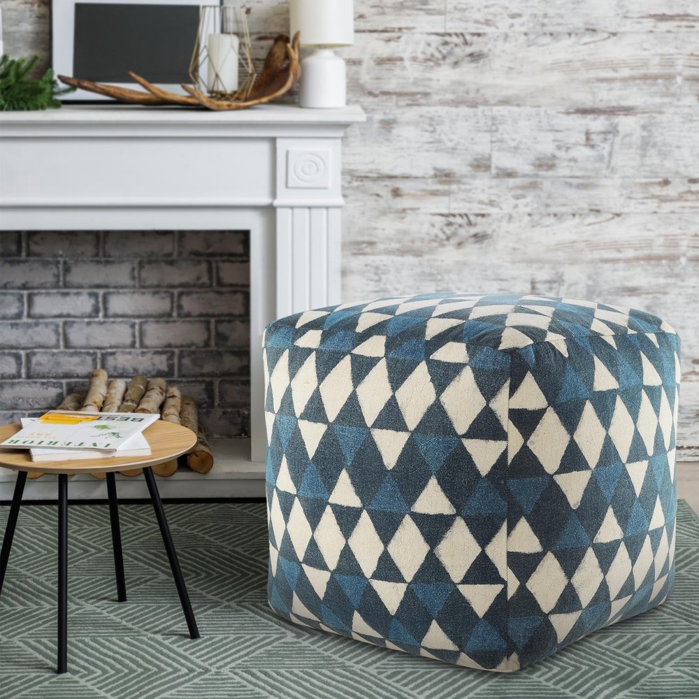 20" Blue Cotton Geometric Pouf Ottoman HomeRoots