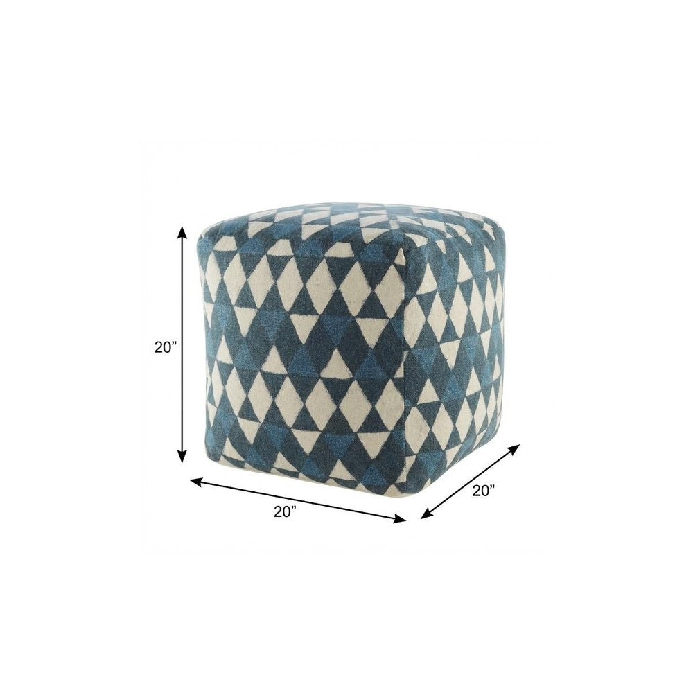 20" Blue Cotton Geometric Pouf Ottoman HomeRoots