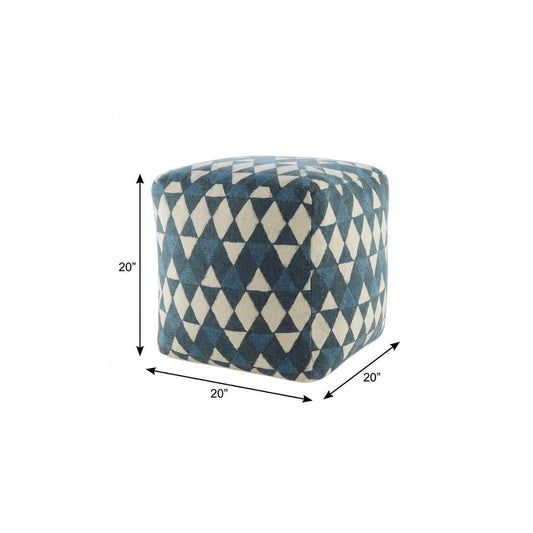 20" Blue Cotton Geometric Pouf Ottoman HomeRoots
