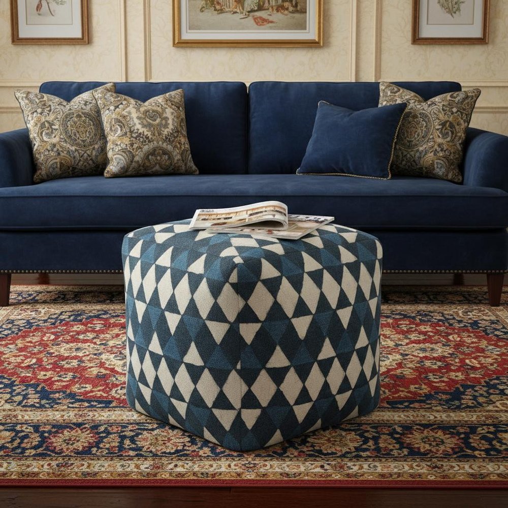 20" Blue Cotton Geometric Pouf Ottoman HomeRoots