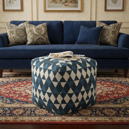 20" Blue Cotton Geometric Pouf Ottoman HomeRoots