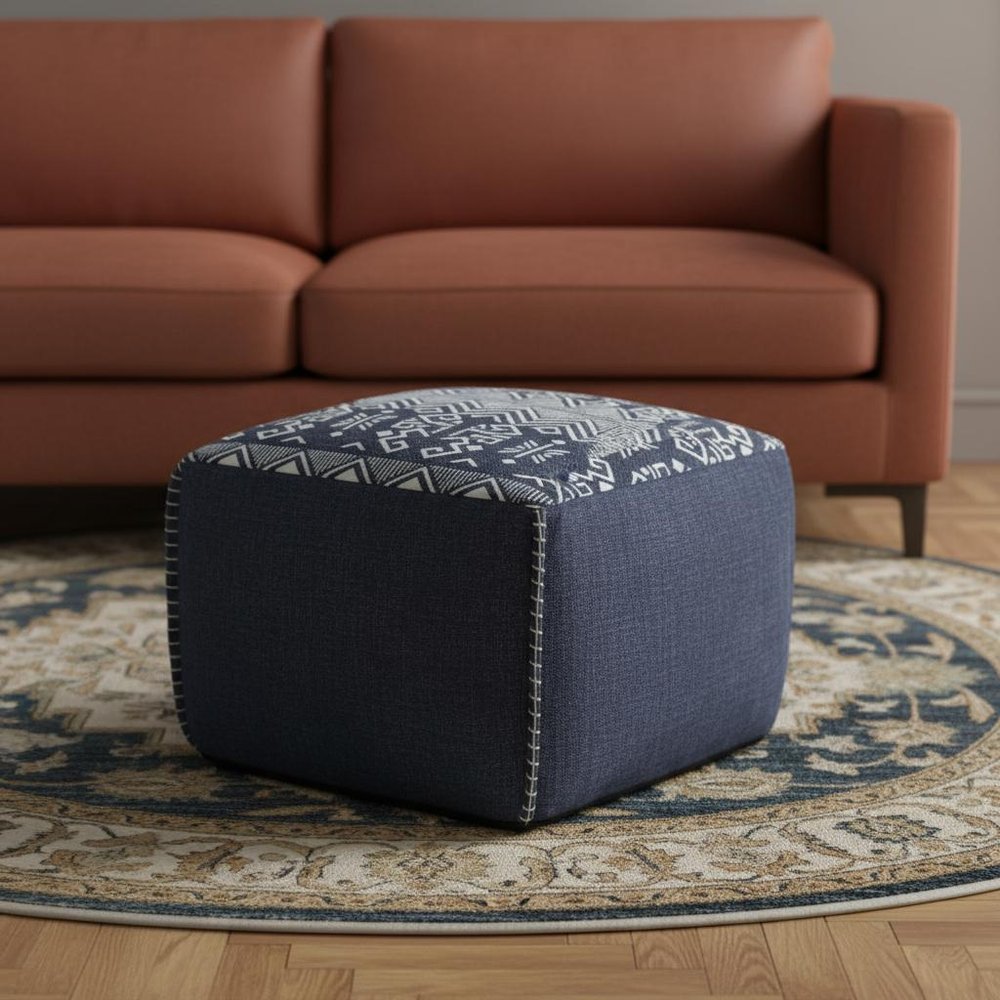 18" Blue Cotton Geometric Pouf Ottoman HomeRoots