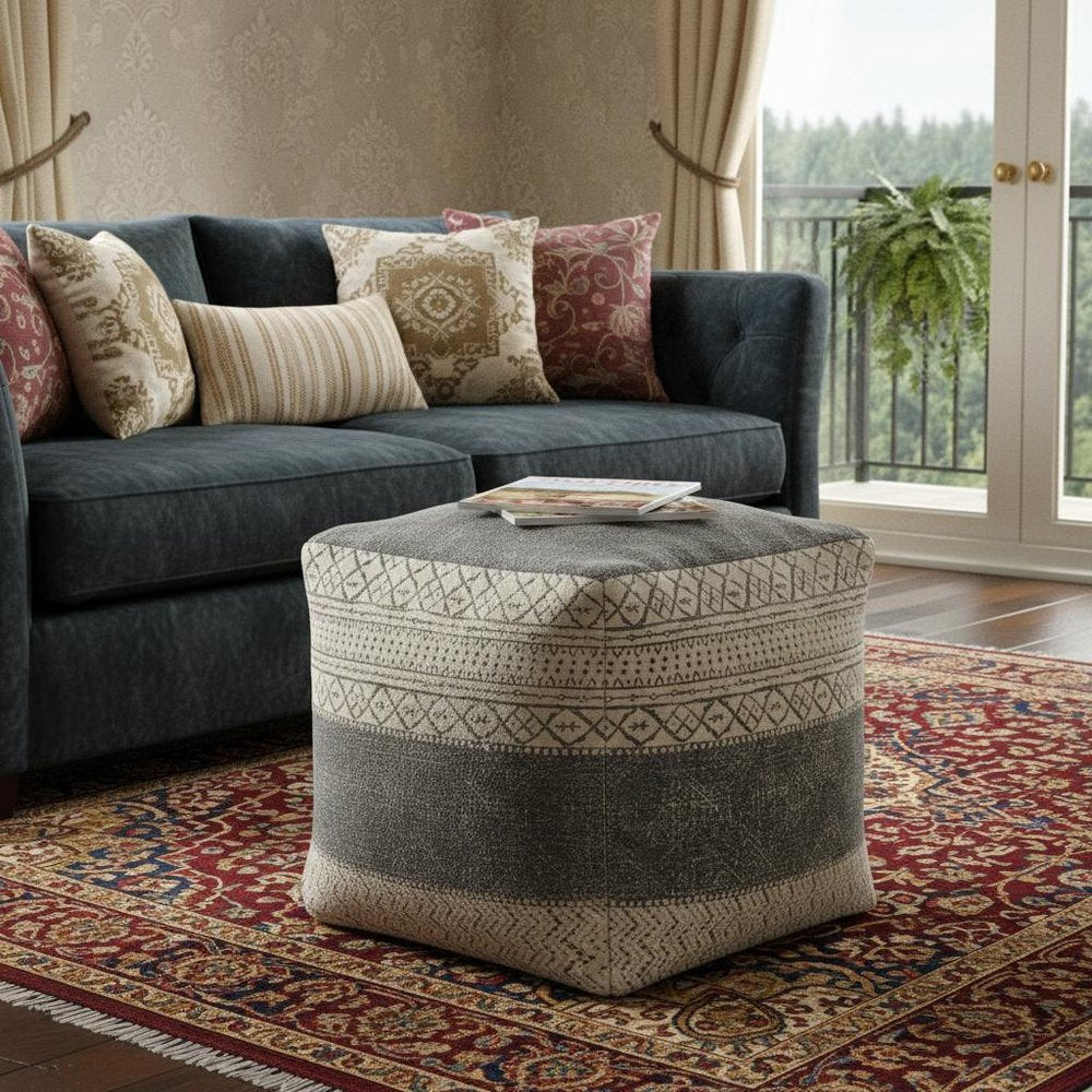20" Cream Cotton Tribal Pouf Ottoman HomeRoots
