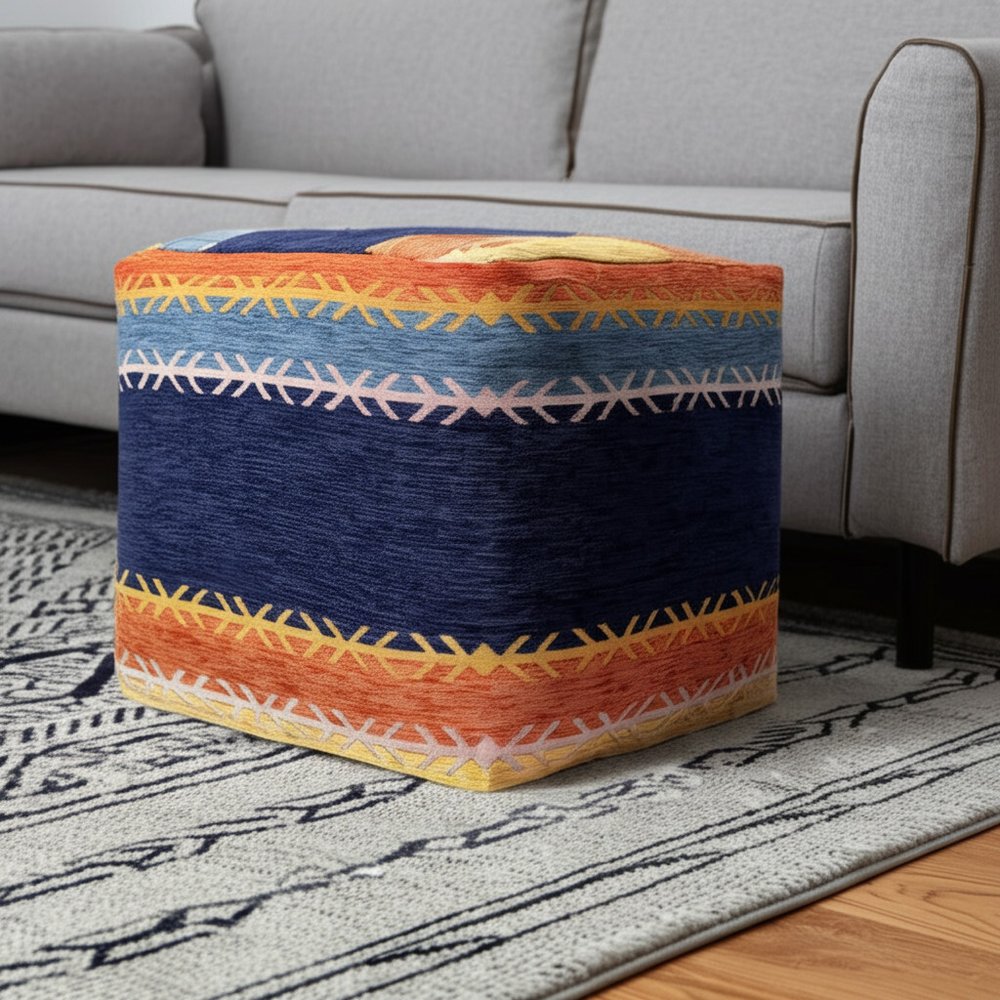 18" Blue And Orange Polyester Blend Striped Pouf Ottoman HomeRoots