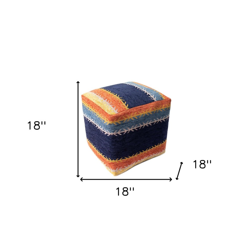 18" Blue And Orange Polyester Blend Striped Pouf Ottoman HomeRoots