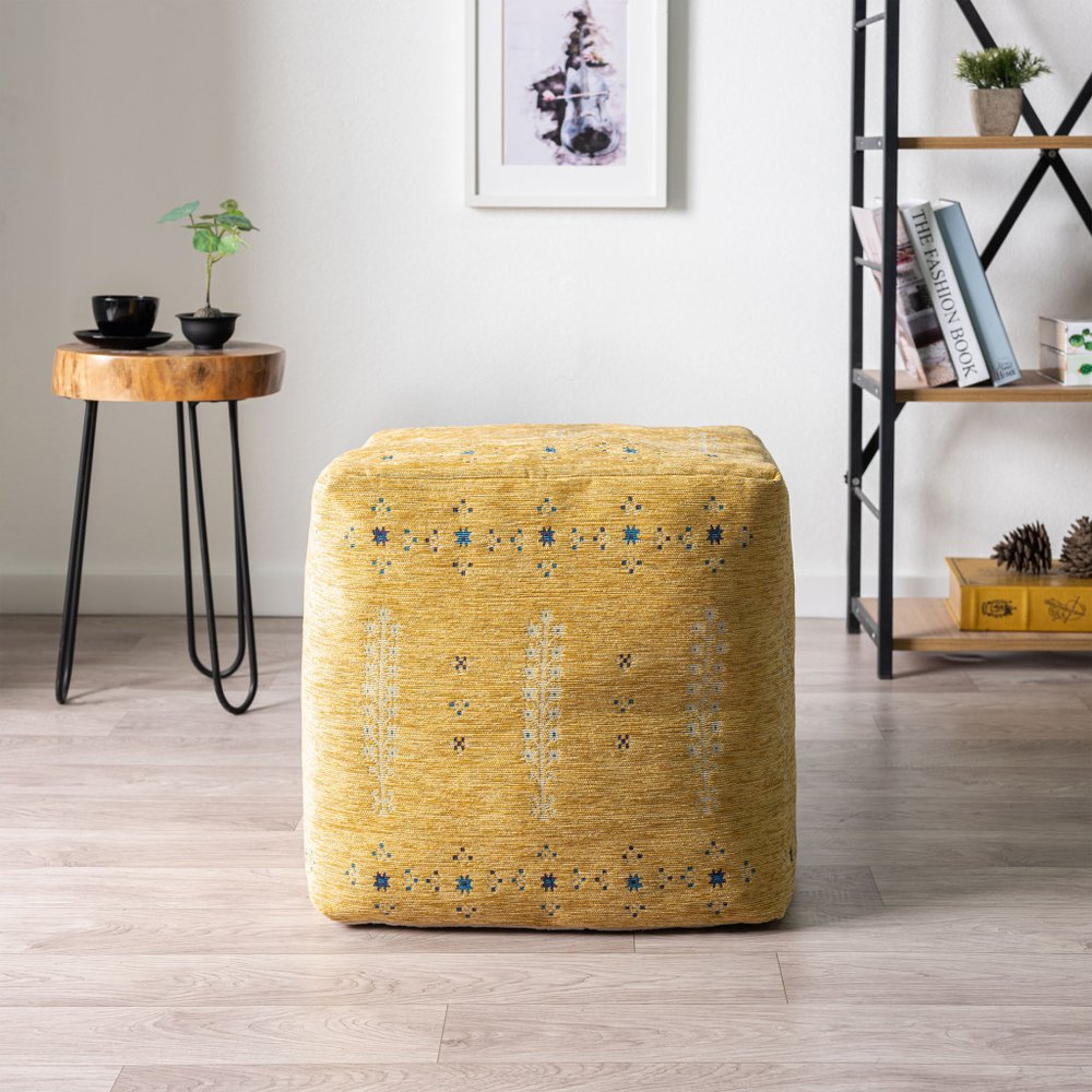 18" Yellow Abstract Pouf Ottoman