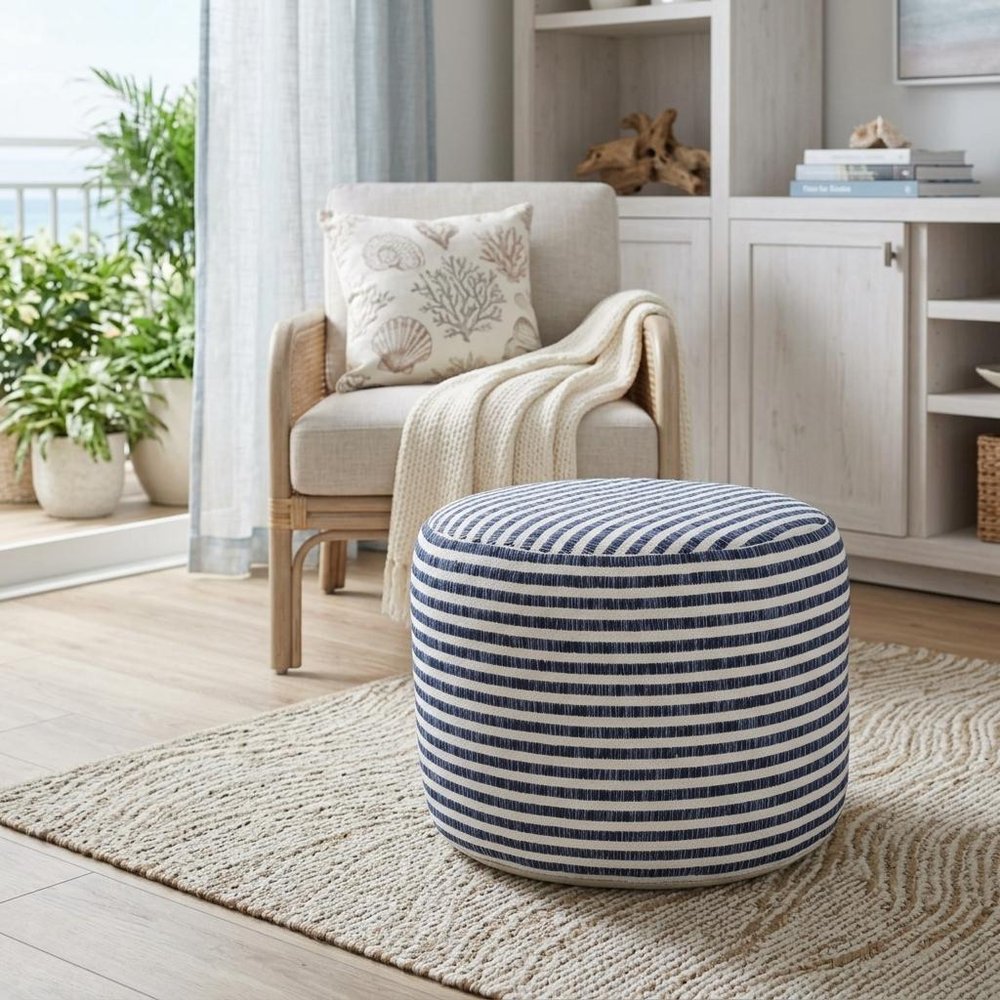 18" Blue and White Cotton Striped Cylinder Pouf Ottoman HomeRoots