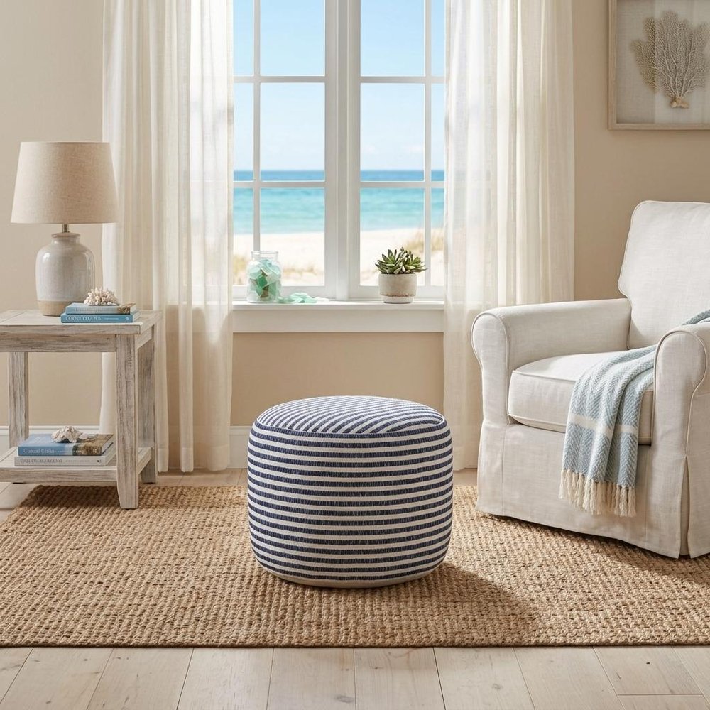 18" Blue and White Cotton Striped Cylinder Pouf Ottoman HomeRoots