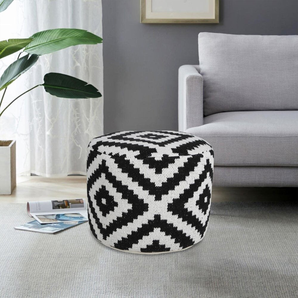 18" Black Geometric Cylinder Pouf Ottoman HomeRoots
