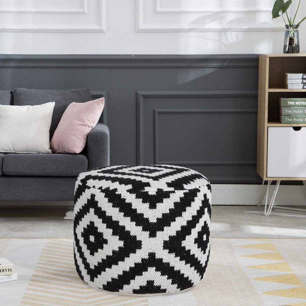 18" Black Geometric Cylinder Pouf Ottoman HomeRoots