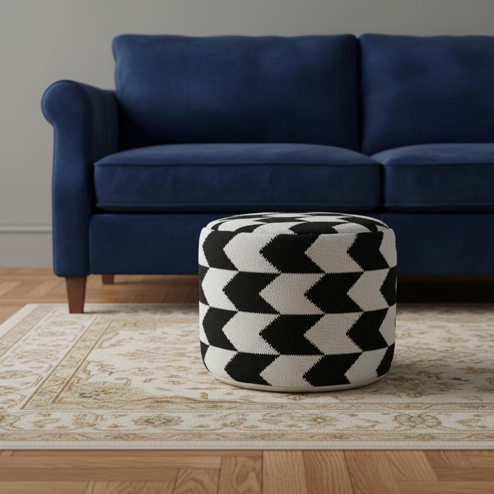 18" Black Chevron Cylinder Pouf Ottoman HomeRoots