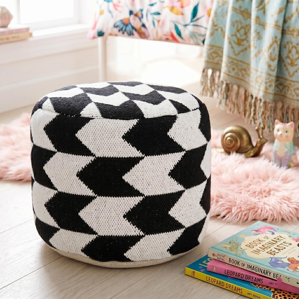 18" Black Chevron Cylinder Pouf Ottoman HomeRoots