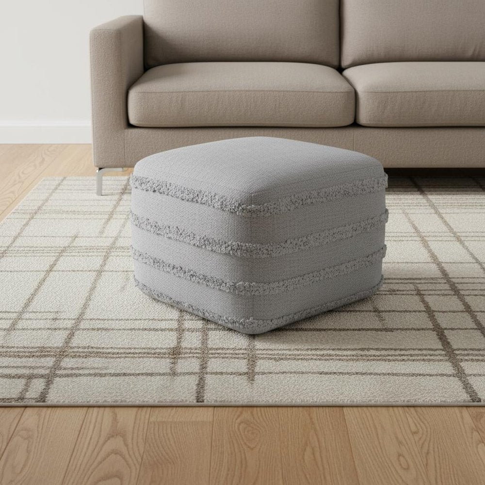 18" Cream Cotton Tufted Striped Cube Pouf Ottoman HomeRoots