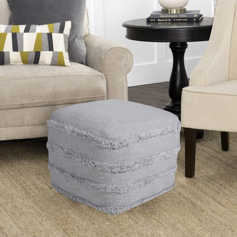 18" Cream Cotton Tufted Striped Cube Pouf Ottoman HomeRoots