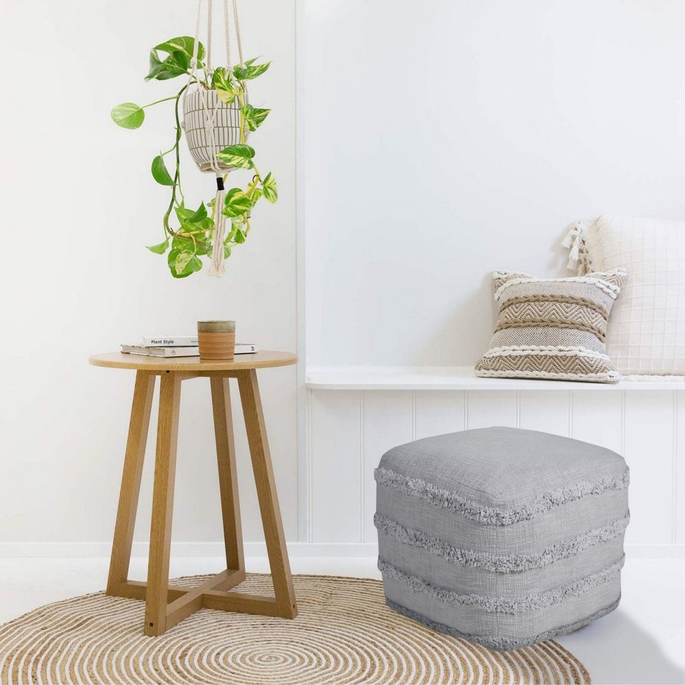 18" Cream Cotton Tufted Striped Cube Pouf Ottoman HomeRoots