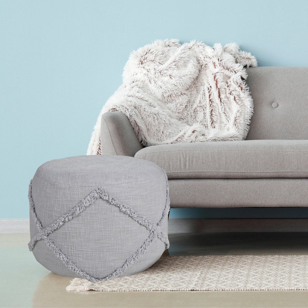 18" Gray Cotton Cylinder Geometric Pouf Ottoman HomeRoots
