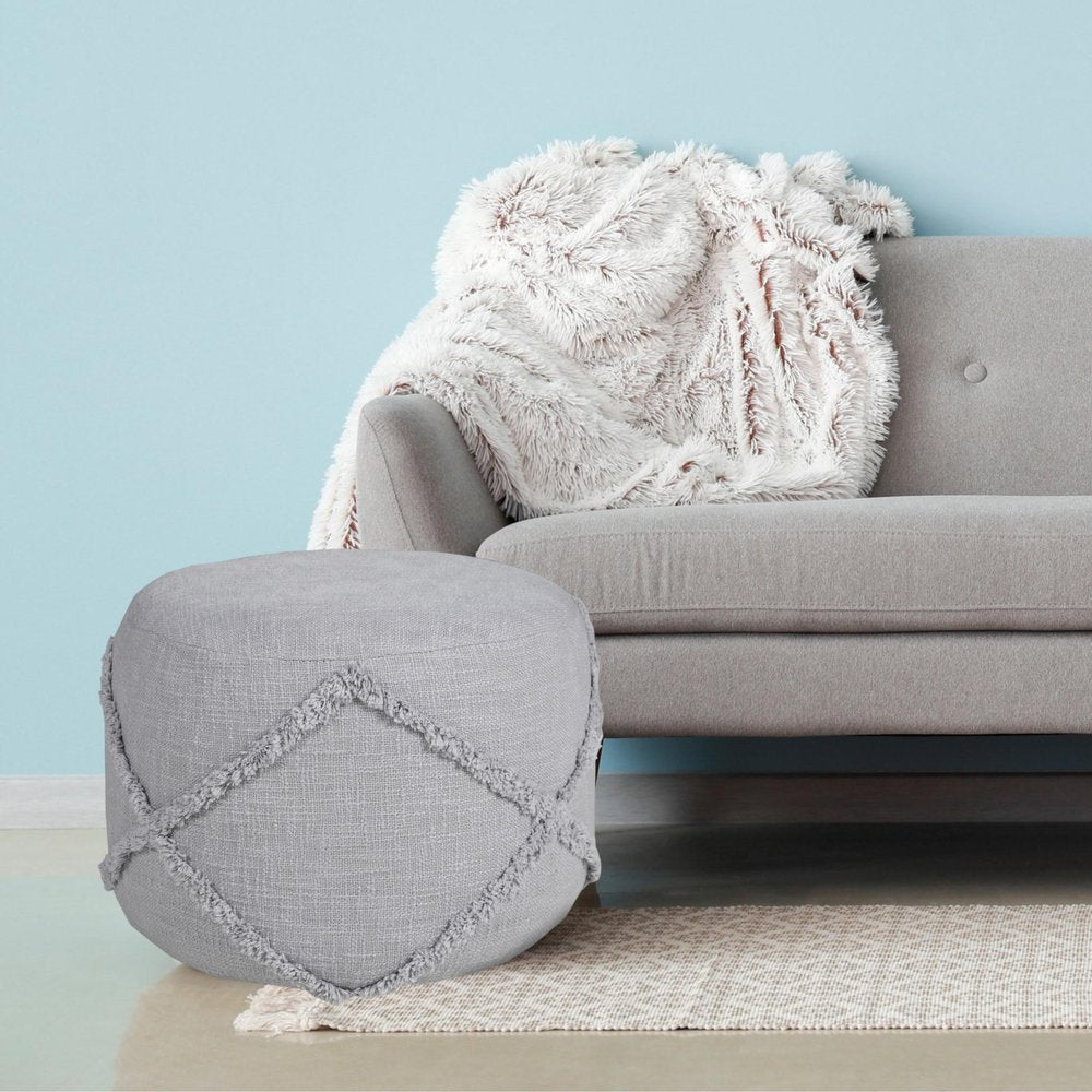 18" Cream Cotton Cylinder Geometric Pouf Ottoman HomeRoots