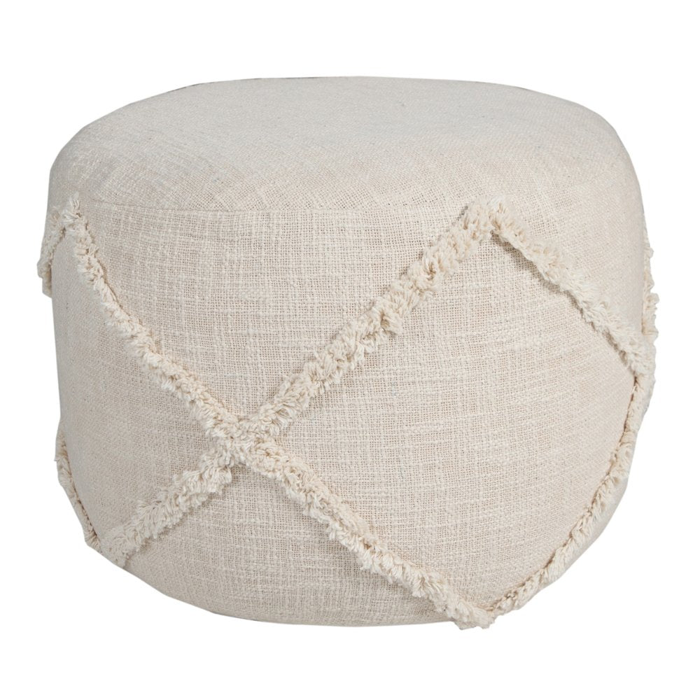 18" Cream Cotton Cylinder Geometric Pouf Ottoman HomeRoots